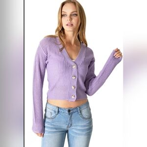 Ambiance Apparel Women's Juniors Lavender Crop Cardigan Sweater